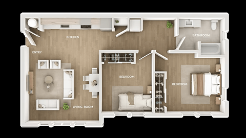 Floor plan for 2 beds, 1 bath, 756 sqft